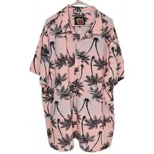 Good Vibes Drill Clothing Co Men's Pink Hawaiian Shirt with Palm Tree Print 4XL